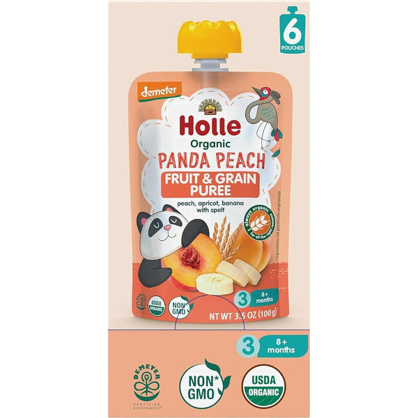 Holle Organic Baby Food Pouches - Panda Peach Puree with Peach, Banana, Apricot & Spelt, 6 Pack for Weaning