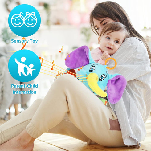 Multifunctional Luminous Plush Elephant Baby Music Toy, 12 Songs and Nature Sounds, Teething Toy for Car Seats and Cribs