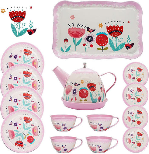 Xlong Pink Tea Set for Little Girls,Flower Design Tea Party Set,Princess Tea Time