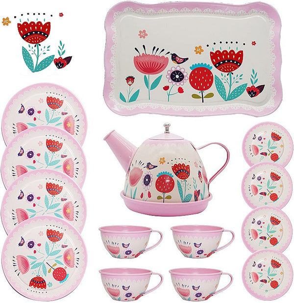Xlong Pink Tea Set for Little Girls,Flower Design Tea Party Set,Princess Tea Time