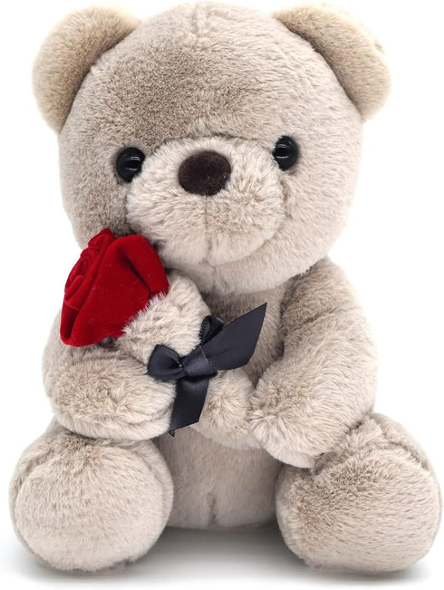 9.8'' Teddy Bear with Rose, Soft Plush Doll for Valentines Day Gifts for Her, Mom, Kids (Gray)