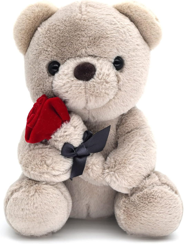 9.8'' Teddy Bear with Rose, Soft Plush Doll for Valentines Day Gifts for Her, Mom, Kids (Gray)