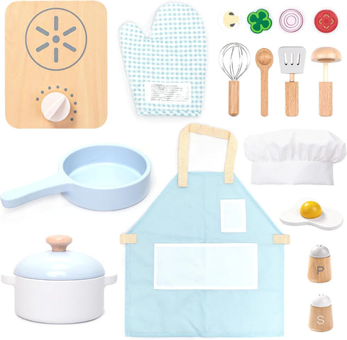 UMU Wooden Kids Cooking Set 18-Piece Pretend Play Kitchen Toy with Pots,