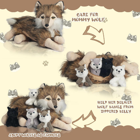 Plush Wolf with 4 Cubs Toy Set, 16 Inch Mommy Wolf Stuffed Animal with 4 Wolf Babies in Zippered Pouch