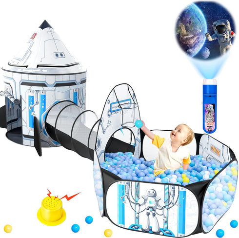 Kids Ball Pit for Play Tent - 3PC Baby Gifts with Roar Button, Projection Flashlight, Indoor Outdoor Games (White)