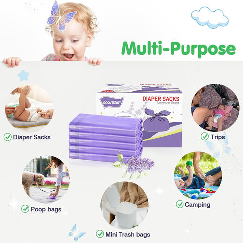 (500 Count) Baby Disposable Diaper Bags Easy-To-Tie Tabs Diaper Sacks with Lavender Scented Diaper Disposal or Pet