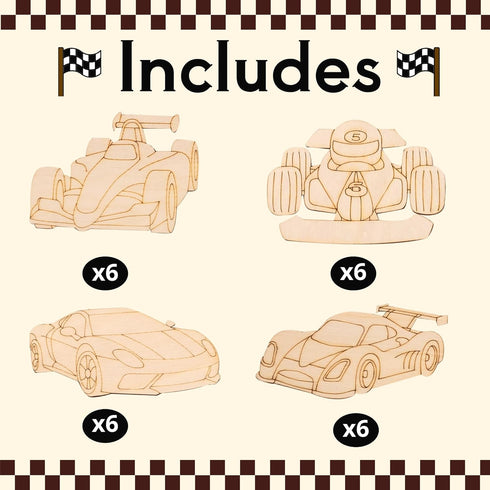 GEECOZYLIFE 24 Set Thank You for Coming Gifts - PCS Race Car DIY Crafts Kit - Unfinished Wooden Car Painting - Race Car