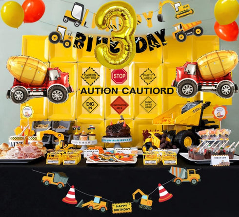 FIGEPO 3rd Construction Birthday Party Supplies for Boys with Dump Truck Theme, Includes Cake Toppers, Balloons