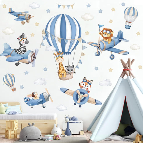 decalmile Blue Hot Air Balloon Animals Wall Decals Airplane Animals Giraffe Lion Fox Wall Stickers Baby Nursery Kids