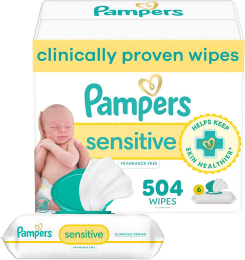 Pampers Baby Wipes Sensitive, Water Based Hypoallergenic and Unscented 504 Total (6