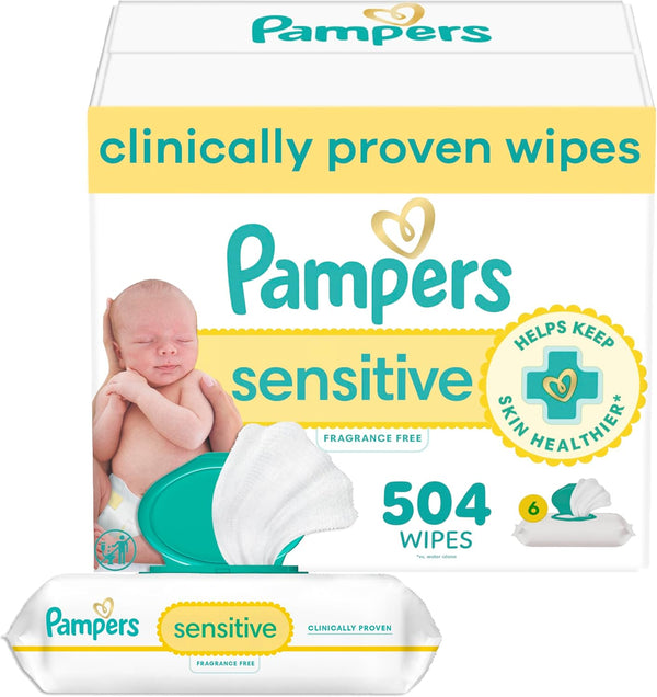 Pampers Baby Wipes Sensitive, Water Based Hypoallergenic and Unscented 504 Total (6