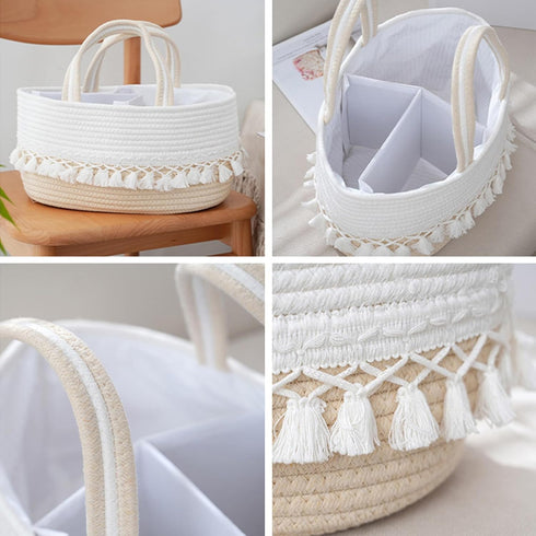 SHEKAKO Baby Diaper Caddy Organizer, Rope Tassel Nursery Storage Bin Basket, Portable Holder Tote Bag for Girl Boy