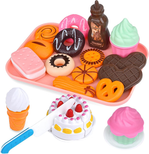 Fegalop Set 21PCS Sets Play Food for Kids, Pretend Dessert Food Toys with Cutting Toys Ice Cream and Cake,Plastic