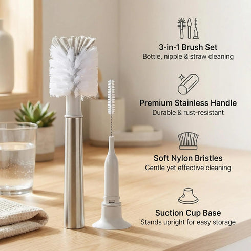 Generic 3-in-1 (Pack 2) Stainless Bottle Brush for Baby Bottles - Water Bottle Brush Cleaner with Nipple and Straw