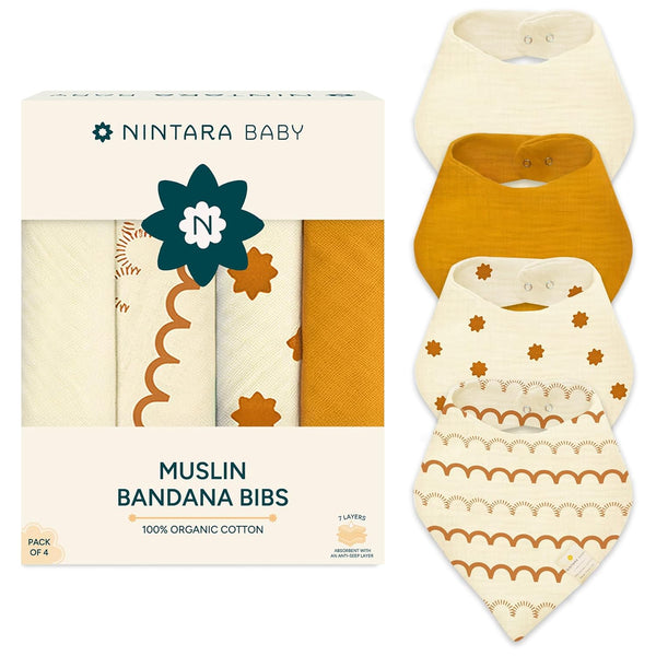Bandana Bibs - 100% Organic Premium Muslin Cotton, Absorbent, Soft, Adjustable Snap