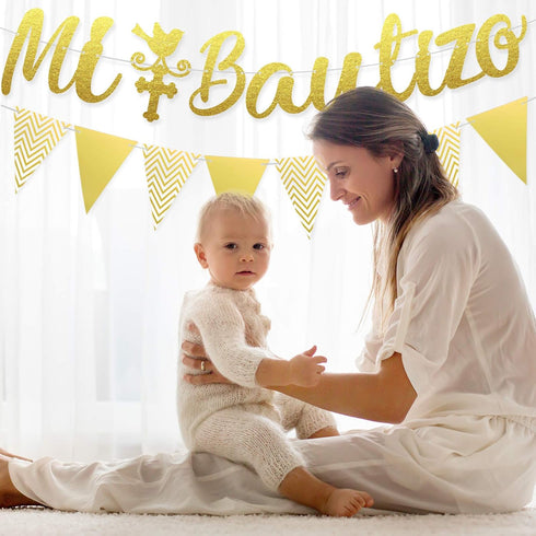 Gold Glitter Mi Bautizo Banner, Mi Bautizo Cake Topper Decorations, First Holy Communion Decorations for Baby Shower