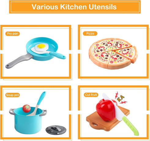 150Pcs Playset, 2Pack Kitchen Toddlers Pretend Cooking Cookware Accessories, Food, Picnic Blanket, Fruits, Veges