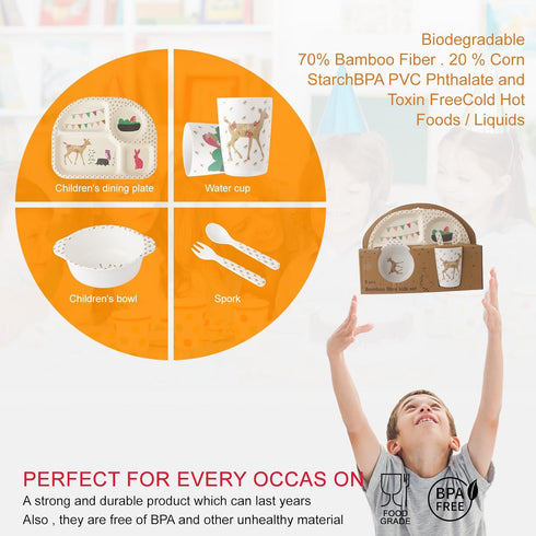 Bamboo Toddler Dinnerware Set, 5Pcs Kids Plates and Bowls Set, Includes Plate, Bowl, Cup, Fork, and Spoon