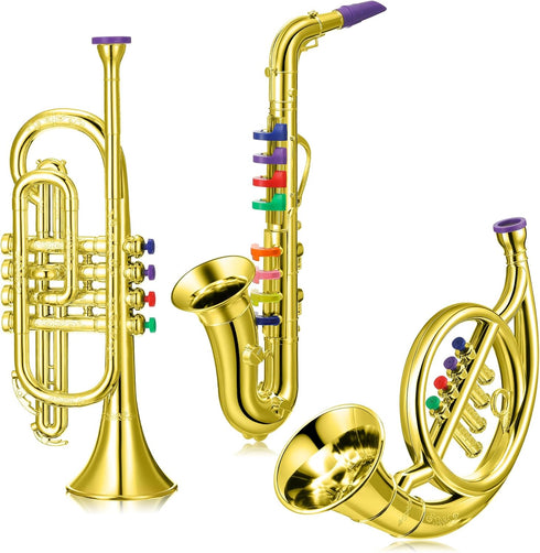 Treela Set of 3 Musical Instruments - Saxophone, Trumpet, and Horn for Beginners with Colorful Keys for Boys & Girls