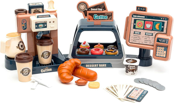 Jomifin Pretend Play Coffee Shop Playset 41 PCS with Coffee Maker Machine, Sound