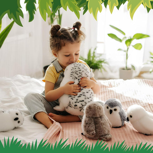 Hollowfly 5 Set 12.6" 4 Set Pcs Snowy Owls Plush Toy Gift Mom Owls with Cute Babies Stuffed Animal in Zippered Back