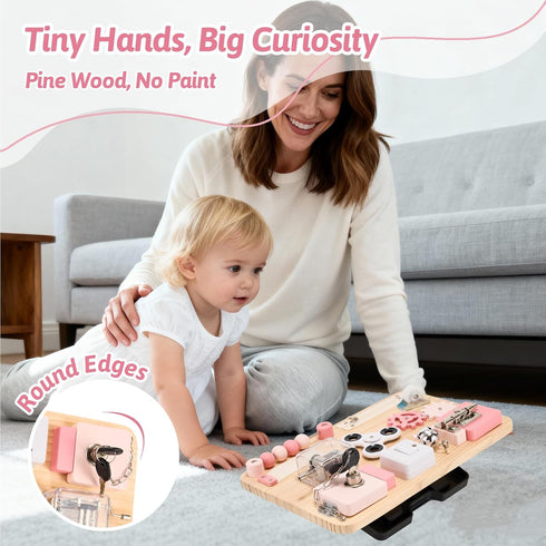 Potatomato Pink Montessori Wooden Busy Board Sensory Toy for Toddlers Educational Activity Board for Kids Fine Motor