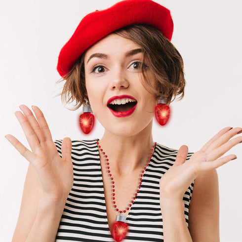 Hicarer 2 Pairs Light-up Bulb Earrings | LED Bulb Christmas Earrings & 2 Pieces Flashing Necklaces for Holiday Favors