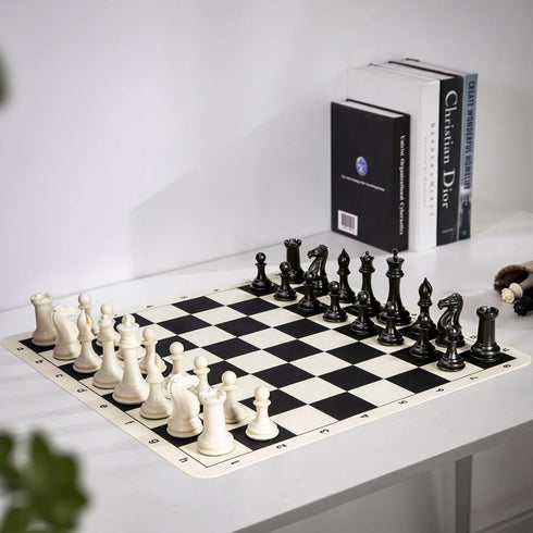 Tournament Portable Chess Set with 20" Silicone Board Mat, 4" King Plastic Weighted Pieces, 2 Extra Queens & Carrying