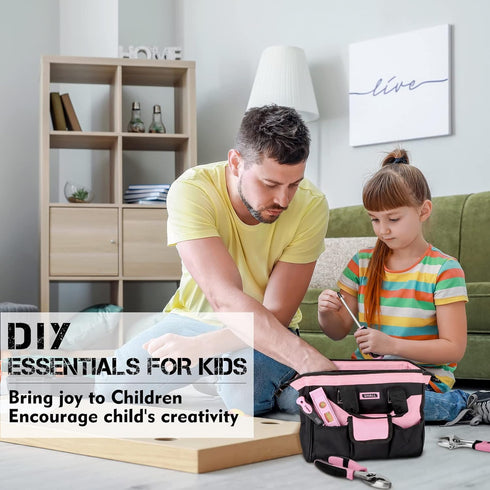 26-Piece Set, 12" 6+, SHALL Kids Size Tool Pink Real Tools for Kids with Tool Bag, Safety Certified Children Learning