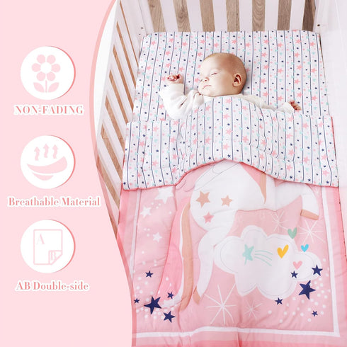 Set 4 Set Set Cloele Pink Crib Bedding for Girls- Piece Unicorns Baby Comforter Bed Includes Crib Skirt Quilt Fitted