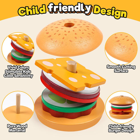 Wooden Burger Sorting Stacking Toys, Hamburger Toy for Toddlers, Educational Montessori Fine Motor Toys