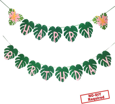 OU RUI Hawaiian Party Happy Birthday Banner, Tropical Luau Party Palm Leaf Decorations