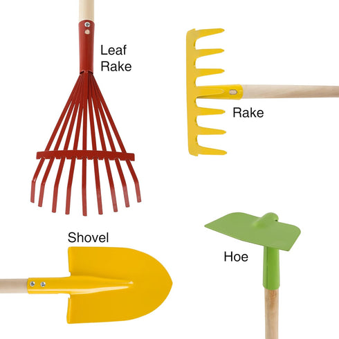 Set 4-Piece HEY! PLAY! Kids Gardening Mini Garden Tools with Wood Handles Child-Sized Shovel, Rake, Hoe, and Tined Hoe