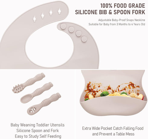 Set Set (10 Baby Weaning - Silicone Toddler Feeding Pcs) with Adjustable Bib, Suction Bowl, Plate, Fork, Spoon, Water