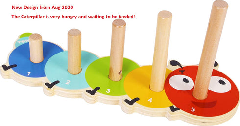 TOWO Wooden Stacking Rings Baby Caterpillar Counting Game, Colour Sorting Puzzle, 5 Pegs Ring Stacker, Early Learning