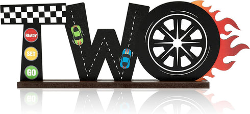 OSNIE Race Car Two Letter Sign Wooden Table Centerpiece, Let’s Go Racing Checkered Theme 2nd Party Supplies Decoration