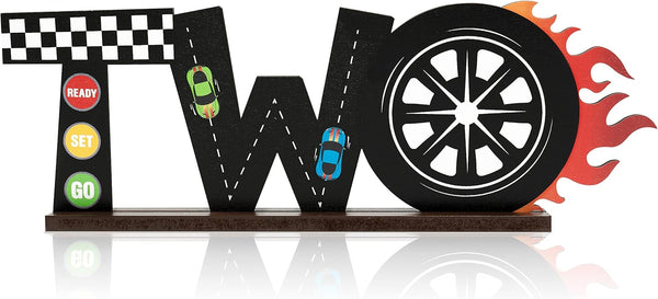 OSNIE Race Car Two Letter Sign Wooden Table Centerpiece, Let’s Go Racing Checkered Theme 2nd Party Supplies Decoration