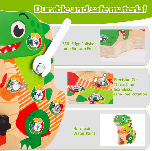 8 2 3 4 5, Liangding Montessori Screw Board Toy Dinosaur for Kids, Wooden Fine Motor Skills Busy Board with Screws