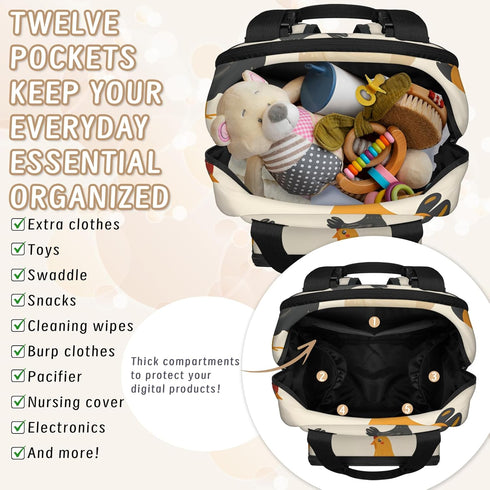 Shoblo Backpack Chicken Rooster Diaper Bag for Travel, Waterproof Diaper Bag with Insulated Bottle Pockets & USB Port
