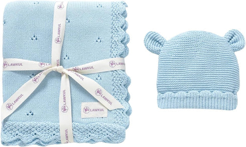 LAWKUL Baby Blanket & Beanie Hat Set 100% Organic Cotton Newborn Swaddle