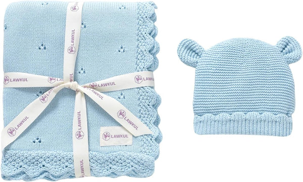 LAWKUL Baby Blanket & Beanie Hat Set 100% Organic Cotton Newborn Swaddle