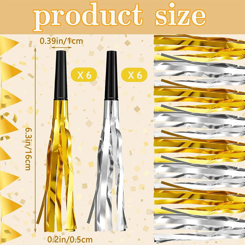12 Pieces Gold Silver Glitter Noise Makers, Metallic Fringed Party Blowers for Birthday Graduation Events 2024