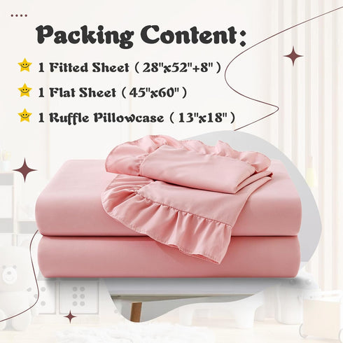 3 Set KKJIAF Piece Toddler Sheet Microfiber, Includes a Flat Sheet, a Fitted Sheet and a Ruffle Pillowcase, Light Pink