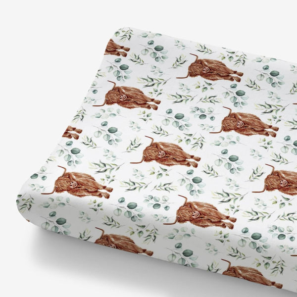 Changing Pad Cover for Baby Girl Boy, Highland Cow Eucalyptus Leaf, Soft Stretchy Safe Snug Fitted Diaper Change Table
