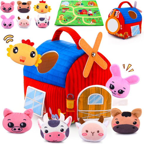 Auney Baby Toys 6-12 Months - Soft Barn with Stuffed Farm Animals, Rattles,