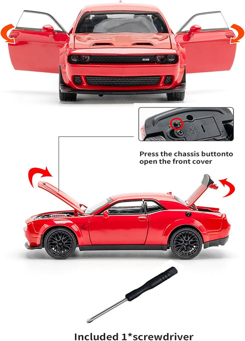 Toy Cars 1/32 Dodge Challenger Die Cast Metal Toy Cars, Hellcat with Sound and Light for 3+ Year Old Boys