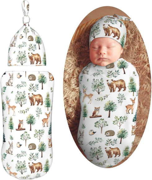 Watercolor Woodland Animal Tree Swaddle Blanket with Beanie Hat Set Newborn Receiving
