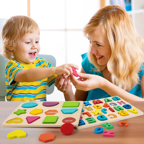 Wooden Puzzles for Toddlers, 3 in 1 Alphabet and Number Shape Puzzle, Educational Learning Toys Set of 3