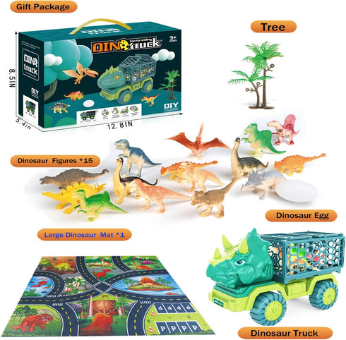 JKGIFTS 3-5, 15 Set Dinosaur Truck Toys for Kids Triceratops Car Toy with Dino Figures,Large Activity Play Mat