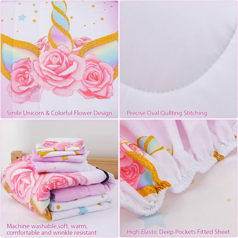 Girls,5 3D Set 2 Pillowcases,1 Sheet,1 42" 57") JQinHome Toddler Comforter for Piece Bed in A Bag Unicorn Theme Bedding
